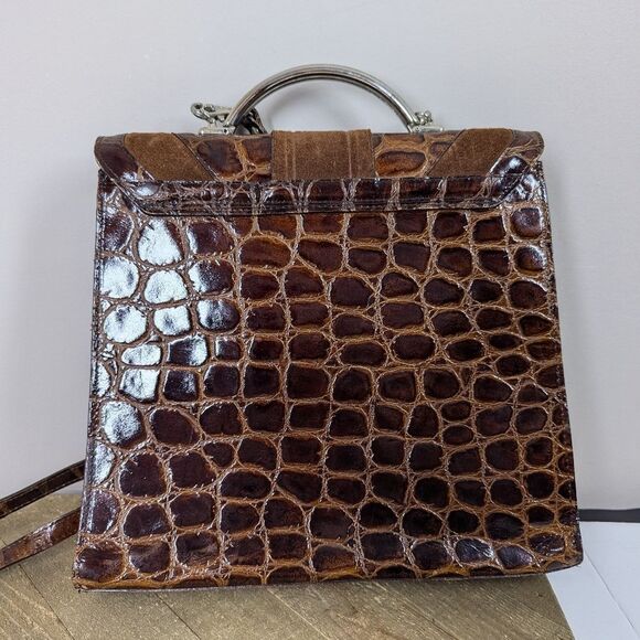 Vintage Italian Leather Purse – Embossed Croc & Suede – Metal Handle – Made in I - Picture 7 of 9
